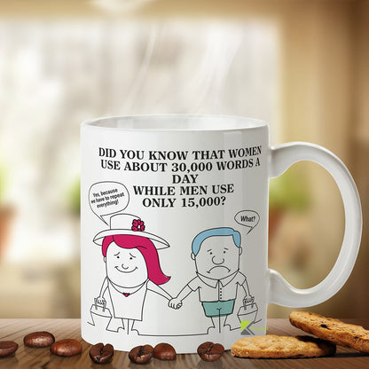 Kruzroyal Women Vs Men Words Mug - Funny Marriage Gift, Husband Wife Present, Couple Humor Did You Know That Women use About 30,000 Words a Day, While Men use only 15,000? Novelty Tea Coffee Mug