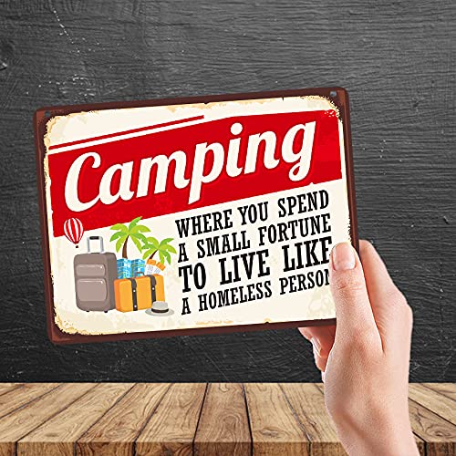 Kruzroyal Funny Camping Metal Wall Sign, Spend A Fortune Novelty Plaque Gift, Humorous Retro Tin Decor for Campervan or Caravan, 20x15cm MP008