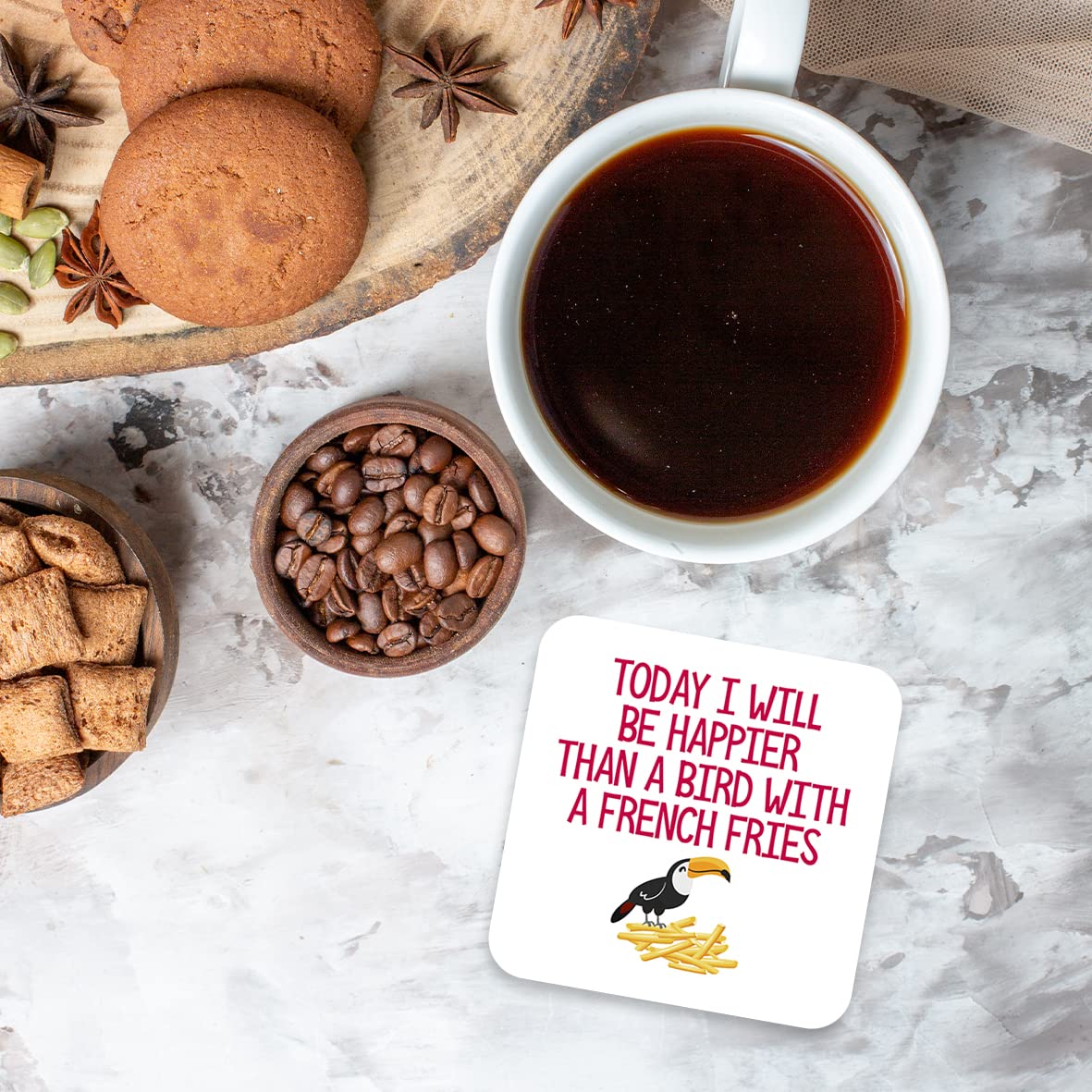 CS707 Today i Will be Happier Than a Bird with a French Fries Novelty Funny Coffee Tea Drink Gift Glossy MDF Wooden Coaster