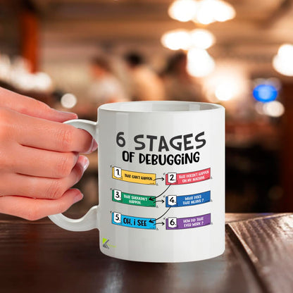 Kruzroyal Funny Programmer Mug 6 Stages of Debugging - 11oz Ceramic Coffee Tea Cup Gift for Developers Coders Software Engineers - Dishwasher Microwave Safe Tech Novelty Present