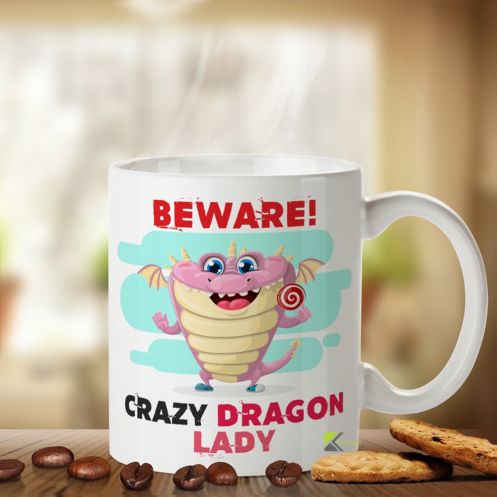 Kruzroyal Beware Crazy Dragon Lady Mug - Funny Dragon Gift for Women - 11oz Ceramic Coffee Mug - Fantasy Lover Gift
