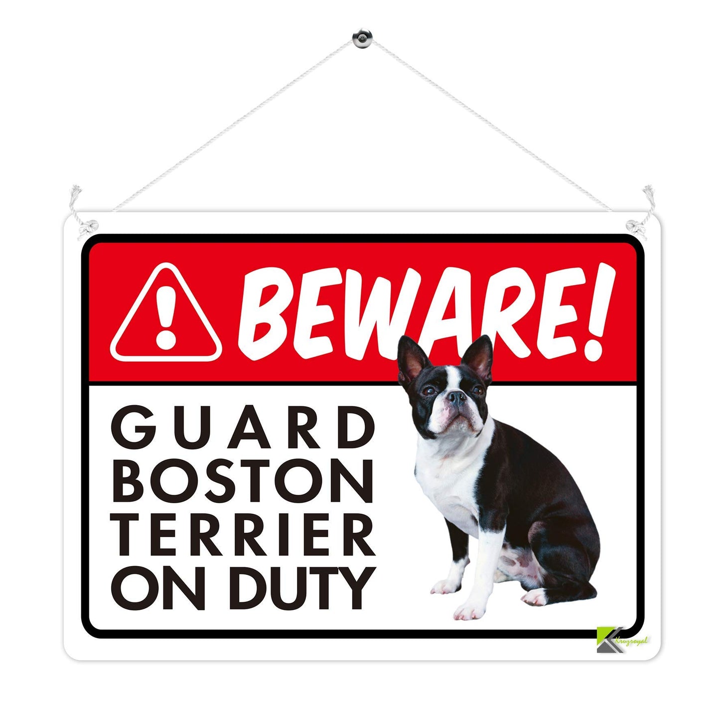 Kruzroyal MP342 BEWARE!, Guard boston terrier on duty. Funny Novelty Retro Vintage Metal Wall Sign Plaque 20cm x 15cm