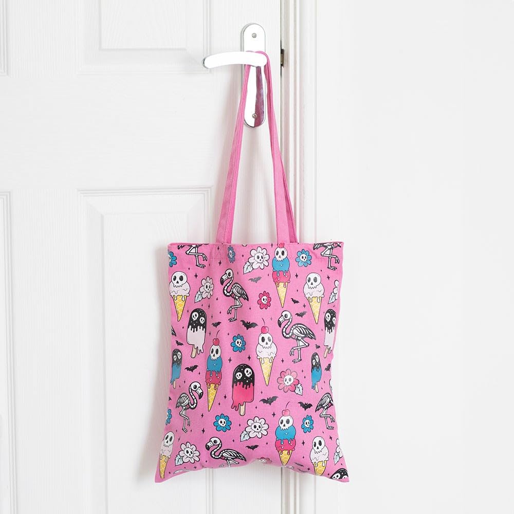 Something Different Wholesale Pink Gothic Tote Bag with Skull Ice Cream & Flamingo Print – Hot Goth Summer Shopper Bag for Beach, Shopping, Festivals & Everyday Use