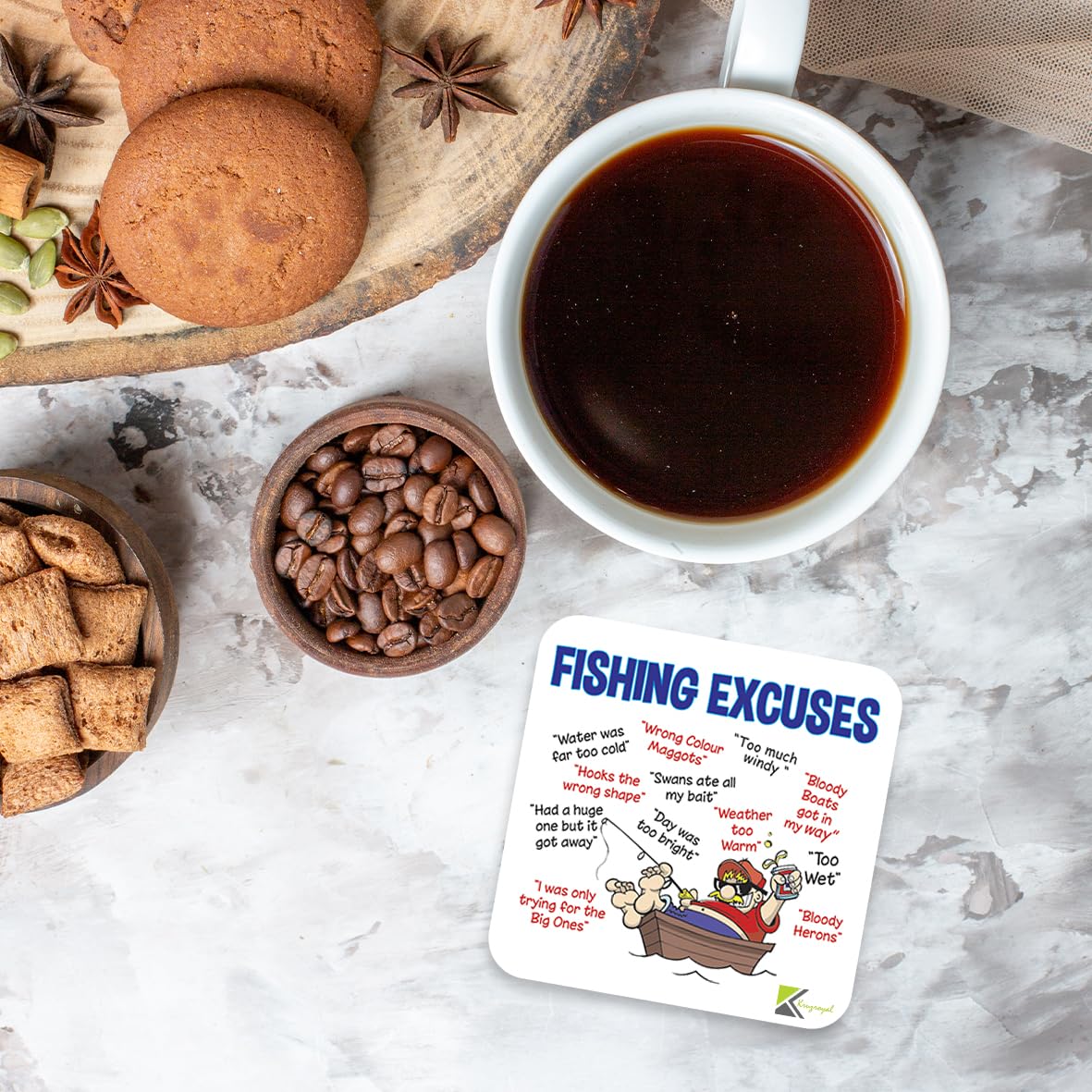 CS099 Fishing excuses Novelty Funny Coffee Tea Drink Gift Glossy MDF Wooden Coaster Mug Mat for Angler, Fisherman - Humorous Gift for Dad, Grandad - Father's Day, Birthday