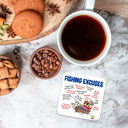 CS099 Fishing excuses Novelty Funny Coffee Tea Drink Gift Glossy MDF Wooden Coaster Mug Mat for Angler, Fisherman - Humorous Gift for Dad, Grandad - Father's Day, Birthday