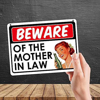 Kruzroyal MP345 BEWARE, Of the mother in law. Funny Novelty Retro Vintage Metal Wall Sign Plaque 20cm x 15cm