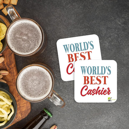 WB079 World's Best Cashier MDF Wooden Coaster by Kruzroyal | Gift for Cashier | Unique Novelty Present | 9cm x 9cm | Coffee Tea MDF Wooden Coaster