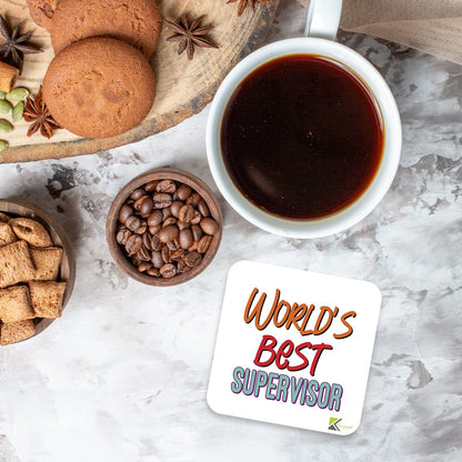 WB096 World's Best Supervisor MDF Wooden Coaster by Kruzroyal | Gift for Supervisor| Unique Novelty Present | 9cm x 9cm | Coffee Tea MDF Wooden Coaster