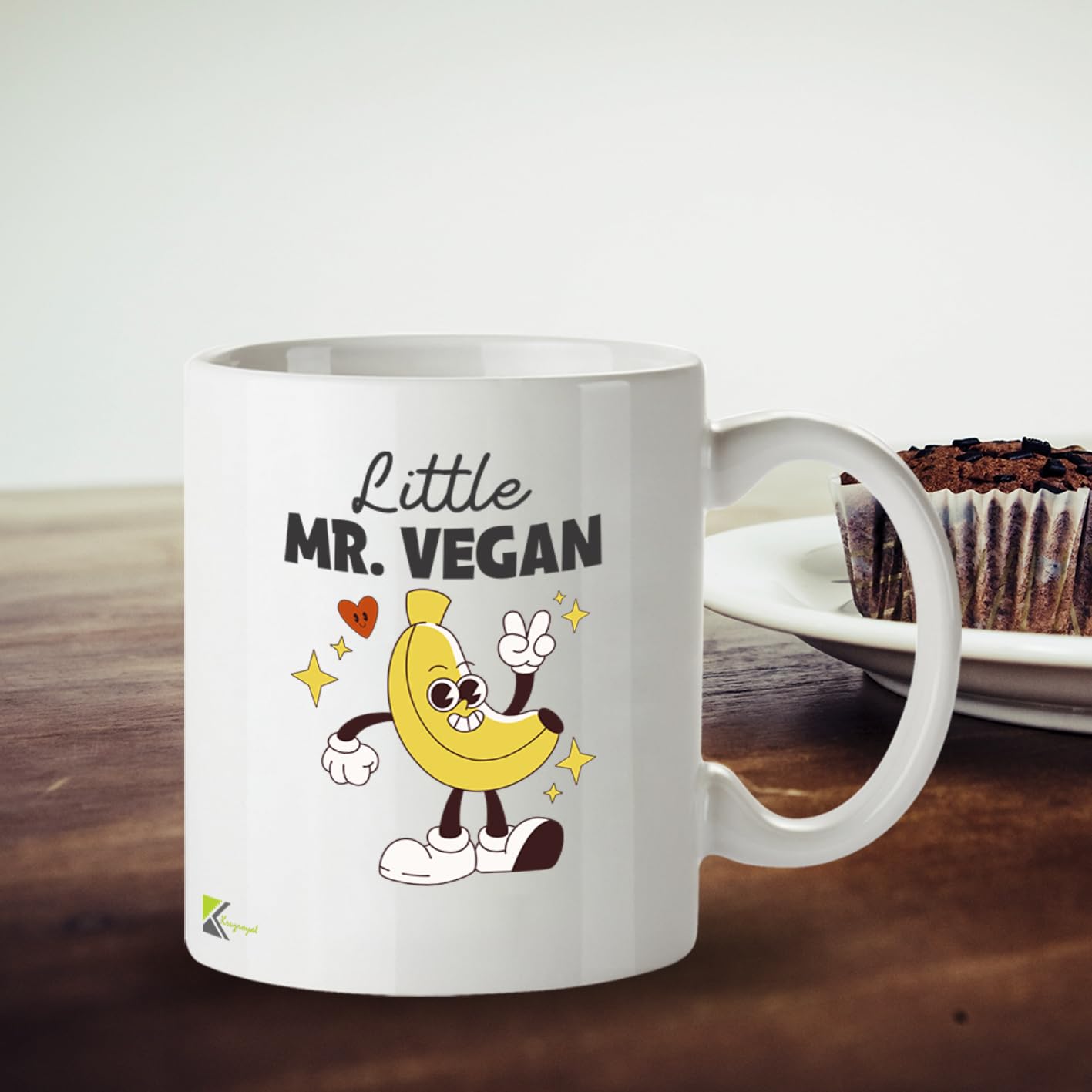 Kruzroyal Little Mr Vegan Mug | Funny Vegan Gift for Men Him | Retro 70s Cartoon Design | 11oz Ceramic Coffee Mug | Dishwasher Microwave Safe