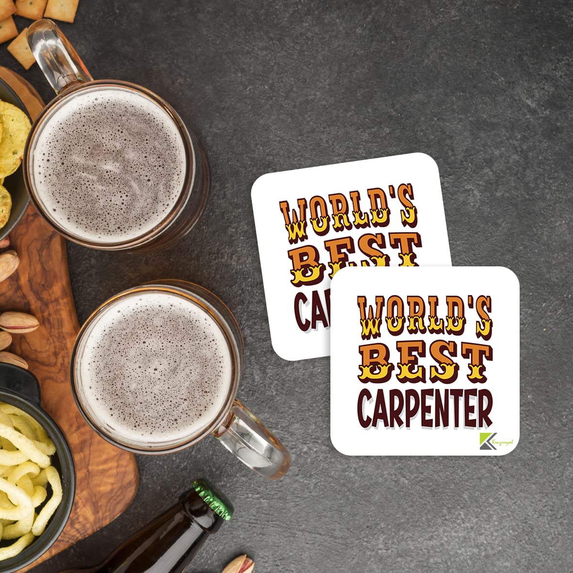 WB003 World's Best Carpenter MDF Wooden Coaster by Kruzroyal | Gift for Carpenter | Unique Novelty Present | 9cm x 9cm | Coffee Tea MDF Wooden Coaster