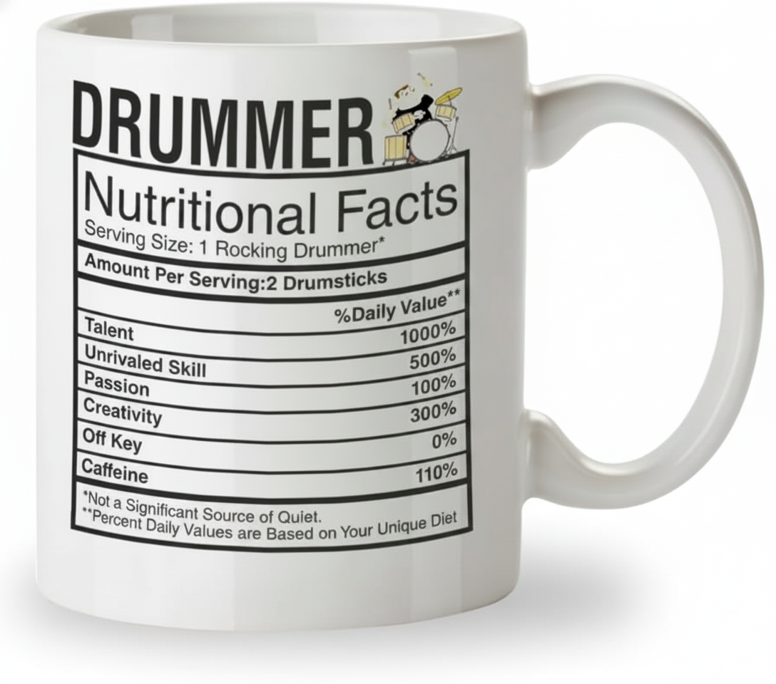 Kruzroyal Drummer Mug Gift for Men & Dad - Funny Nutritional Facts 11oz Ceramic Coffee Cup - Music Gifts for Drummers & Musicians