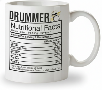 Kruzroyal Drummer Mug Gift for Men & Dad - Funny Nutritional Facts 11oz Ceramic Coffee Cup - Music Gifts for Drummers & Musicians