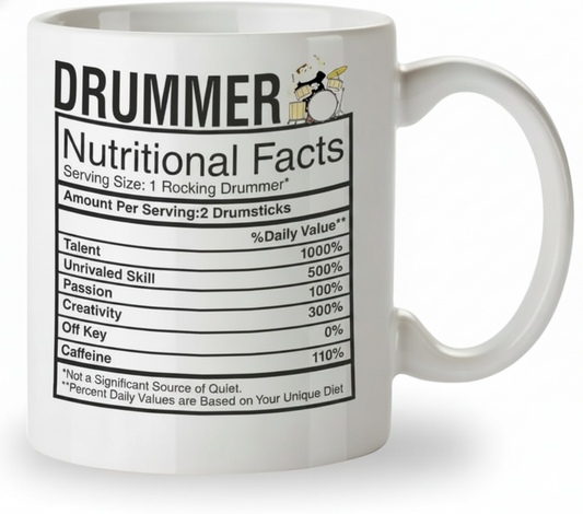 Kruzroyal Drummer Mug Gift for Men & Dad - Funny Nutritional Facts 11oz Ceramic Coffee Cup - Music Gifts for Drummers & Musicians