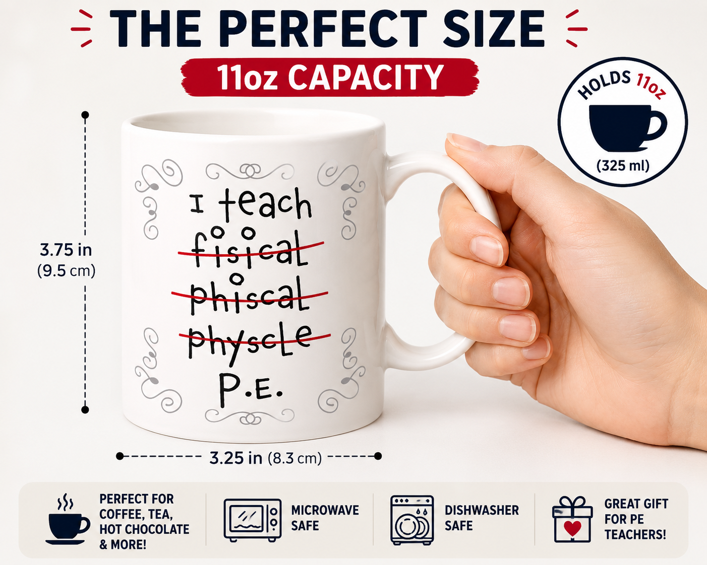 Kruzroyal PE Teacher Funny Mug, I Teach Physical Education, P.E - Misspelled, Funny Novelty Coffee Tea Mug