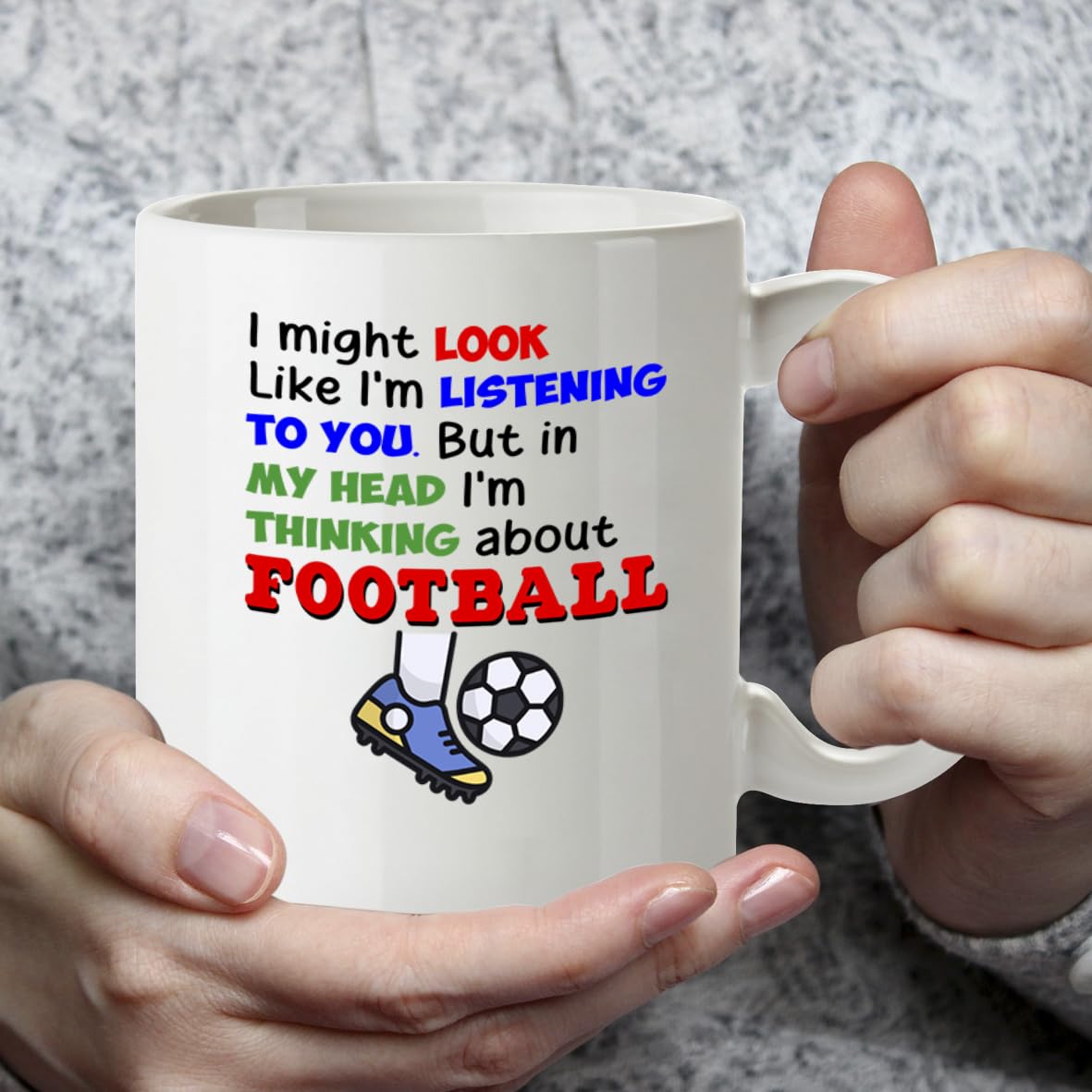 Kruzroyal Football Mug Funny Gift for Men - 11oz/325ml Thinking About Football Ceramic Coffee Cup for Dad Brother Husband - Novelty Fan Present