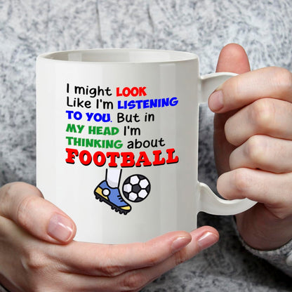 Kruzroyal Football Mug Funny Gift for Men - 11oz/325ml Thinking About Football Ceramic Coffee Cup for Dad Brother Husband - Novelty Fan Present