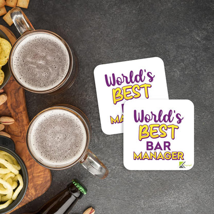 WB095 World's Best Bar Manager MDF Wooden Coaster by Kruzroyal | Gift for Bar Manager| Unique Novelty Present | 9cm x 9cm | Coffee Tea MDF Wooden Coaster