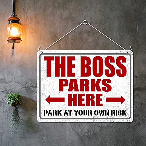 Kruzroyal MP368 THE BOSS PARKS HERE, Park at your own risk. Funny Novelty Retro Vintage Metal Wall Sign Plaque 20cm x 15cm