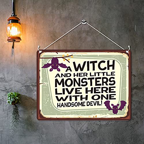 Kruzroyal MP437 A Witch and her little monsters live here with one handsome devil! / Family Sign Funny Novelty Retro Vintage Metal Wall Sign Plaque 20cm x 15cm