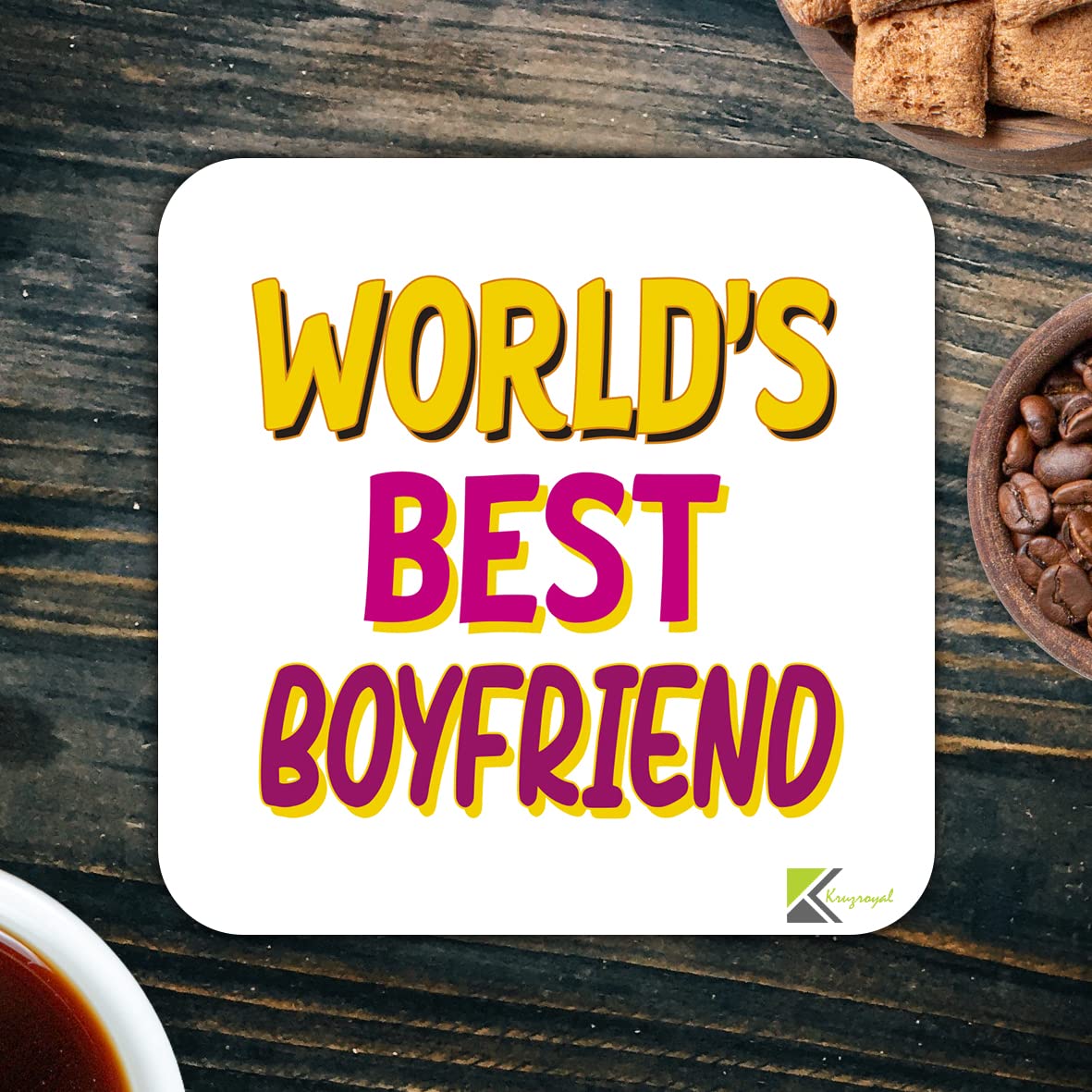 WB035 World's Best Boyfriend MDF Wooden Coaster by Kruzroyal | Gift for Boyfriend | Unique Novelty Present | 9cm x 9cm | Coffee Tea MDF Wooden Coaster