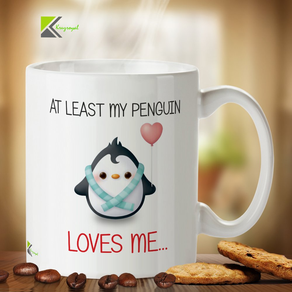 Kruzroyal Funny Penguin Mug, At Least My Penguin Loves Me Design, Novelty Gift for Singles, Friends or Animal Lovers, White Ceramic Coffee Cup, 11 oz