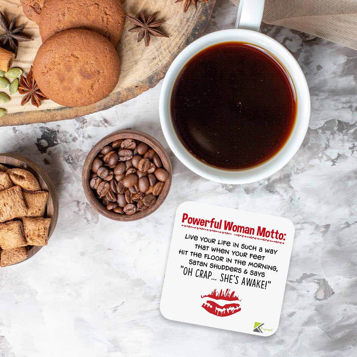 CS014 Powerful Woman Motto Novelty Funny Coffee Tea Drink Gift Glossy Sassy Quote MDF Wooden Coaster | Gifts for Her, Friend, Mum, Colleague | Feminist Birthday & Leaving Present