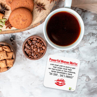 CS014 Powerful Woman Motto Novelty Funny Coffee Tea Drink Gift Glossy Sassy Quote MDF Wooden Coaster | Gifts for Her, Friend, Mum, Colleague | Feminist Birthday & Leaving Present