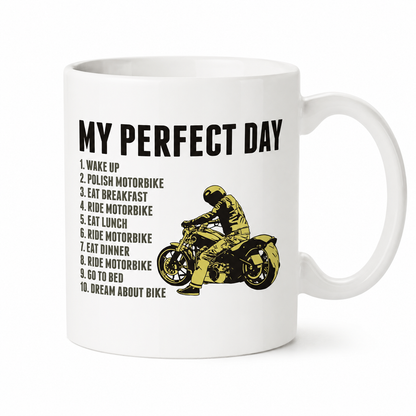 Funny Motorbike Mug – My Perfect Day Motorcycle Coffee Cup, Biker Gift for Men, Dad, Husband, Grandad & Bike Lovers, 11oz Ceramic Mug