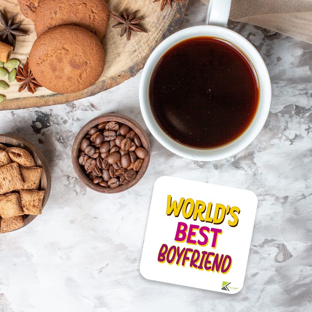 WB035 World's Best Boyfriend MDF Wooden Coaster by Kruzroyal | Gift for Boyfriend | Unique Novelty Present | 9cm x 9cm | Coffee Tea MDF Wooden Coaster