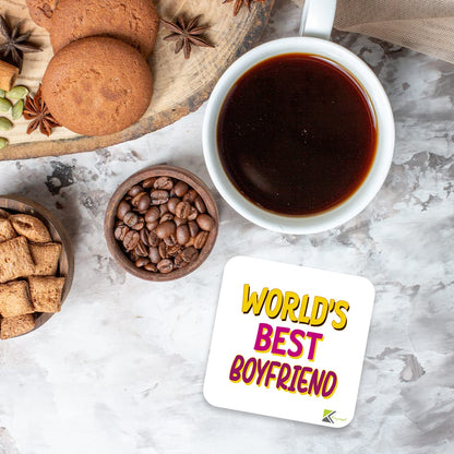 WB035 World's Best Boyfriend MDF Wooden Coaster by Kruzroyal | Gift for Boyfriend | Unique Novelty Present | 9cm x 9cm | Coffee Tea MDF Wooden Coaster