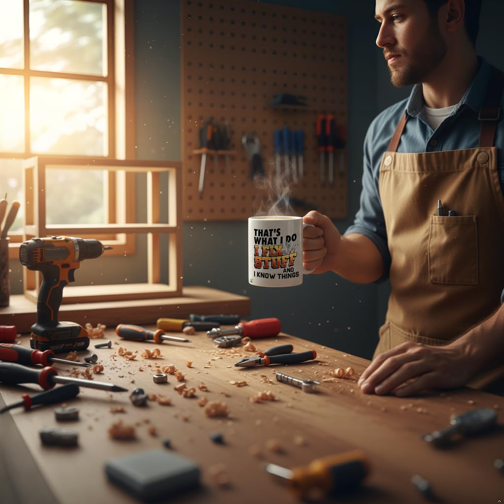 Kruzroyal That’s What I Do I Fix Stuff Mug - Funny Coffee Mugs for Men & Handyman Gifts - Builders Mug - Father’s Day Gift for Dad, Grandad, Husband - 11oz Ceramic Cup