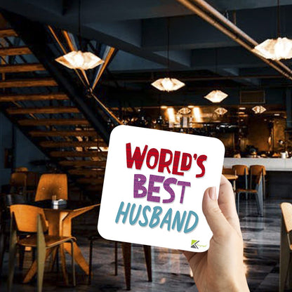 WB045 World's Best Husband MDF Wooden Coaster by Kruzroyal | Gift for Husband | Unique Novelty Present | 9cm x 9cm | Coffee Tea MDF Wooden Coaster