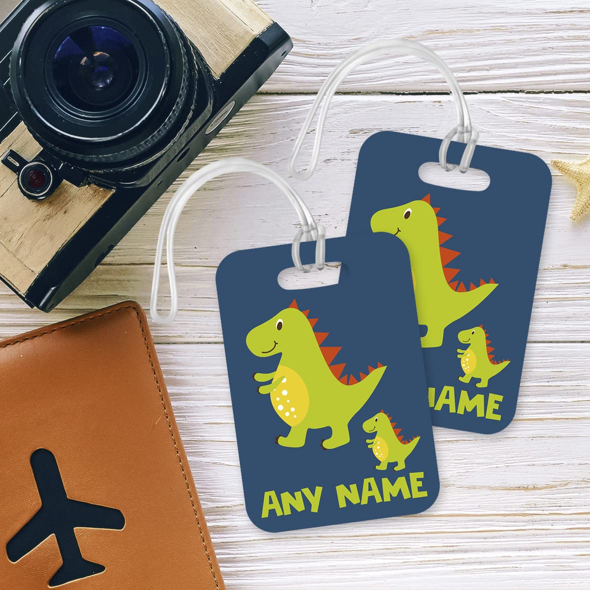 PLT232 Personalised Any Name Dinosaur Novelty Funny Unique Designer Gift Glossy Plastic Suitcase Luggage Tag
