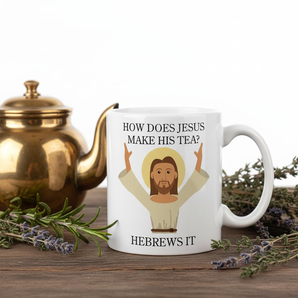 Kruzroyal Funny Jesus Mug - How Does Jesus Make His Tea? Hebrews It - Novelty Tea Coffee Mug, Funny Christian Gift, Secret Santa, Birthday Present