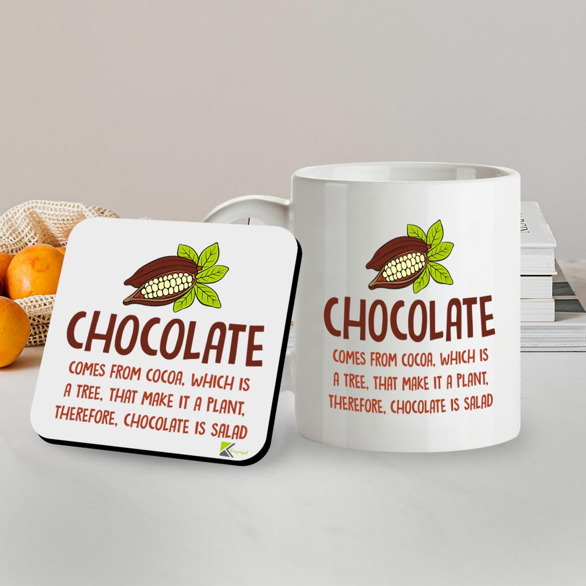 Kruzroyal SM013 Chocolate Comes from Cocoa, which is a Tree, That Make it a Plant, Therefore, Chocolate is Salad - 11OZ Mug & Matching Coaster Set