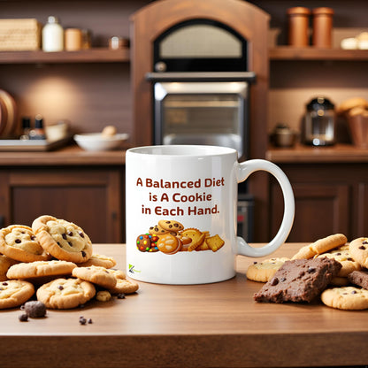 Kruzroyal A Balanced Diet is A Cookie in Each Hand Funny Mug | Humorous Ceramic Coffee Tea Cup Gift for Biscuit Lovers | Novelty Drinkware for Friends & Family