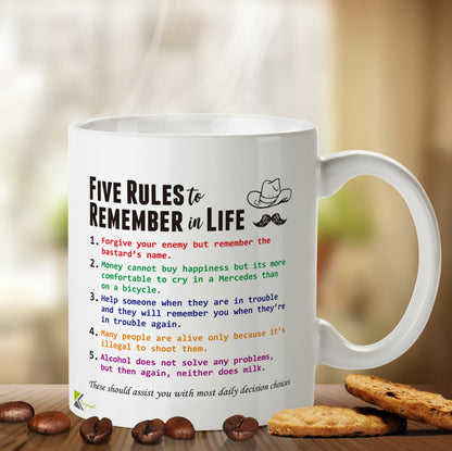 DZ497 Five rules to remember in life Funny Novelty Gift Idea 11OZ Coffee Tea Mug | Sarcastic Gift for Men Dad Grandad | Cynical Wisdom Novelty Coffee Cup Birthday Father's Day Present for Him 11oz