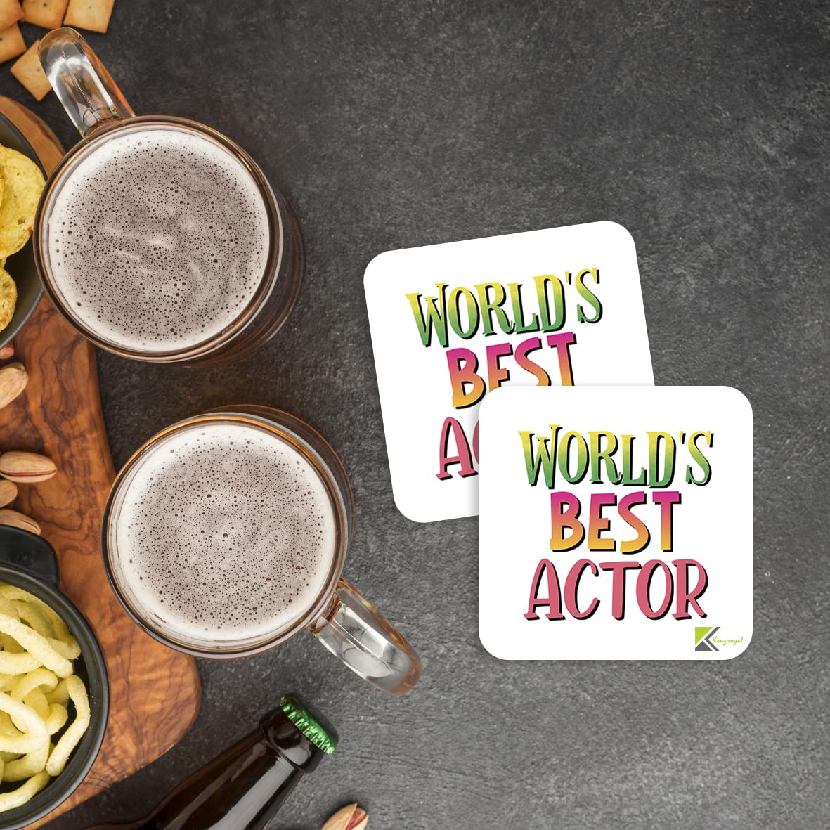 WB065 World's Best Actor MDF Wooden Coaster by Kruzroyal | Gift for Actor | Unique Novelty Present | 9cm x 9cm | Coffee Tea MDF Wooden Coaster