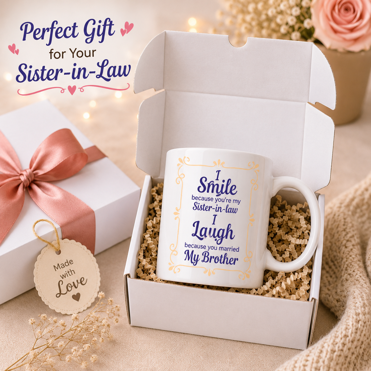 Kruzroyal Funny Sister-in-Law Mug, I Smile Because You're My Sister-in-Law, i Laugh Because You Married My Brother Novelty Gift for Her, Birthday & Christmas, White Ceramic, 11 oz