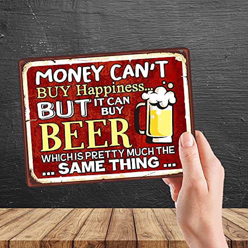 Kruzroyal MP427 Money can't buy happiness... But it can buy beer which is pretty much the same thing... Funny Novelty Retro Vintage Metal Wall Sign Plaque 20cm x 15cm