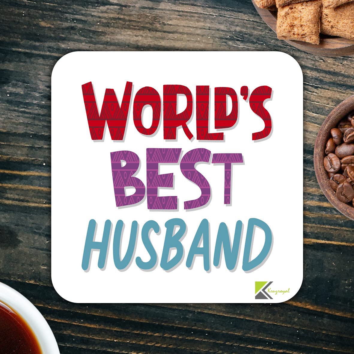 WB045 World's Best Husband MDF Wooden Coaster by Kruzroyal | Gift for Husband | Unique Novelty Present | 9cm x 9cm | Coffee Tea MDF Wooden Coaster