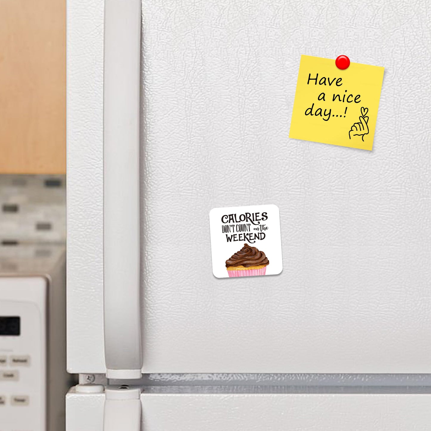 FM013 Calories don't count on the weekend - 2 Novelty Funny Idea Glossy Metal Square Fridge Magnet