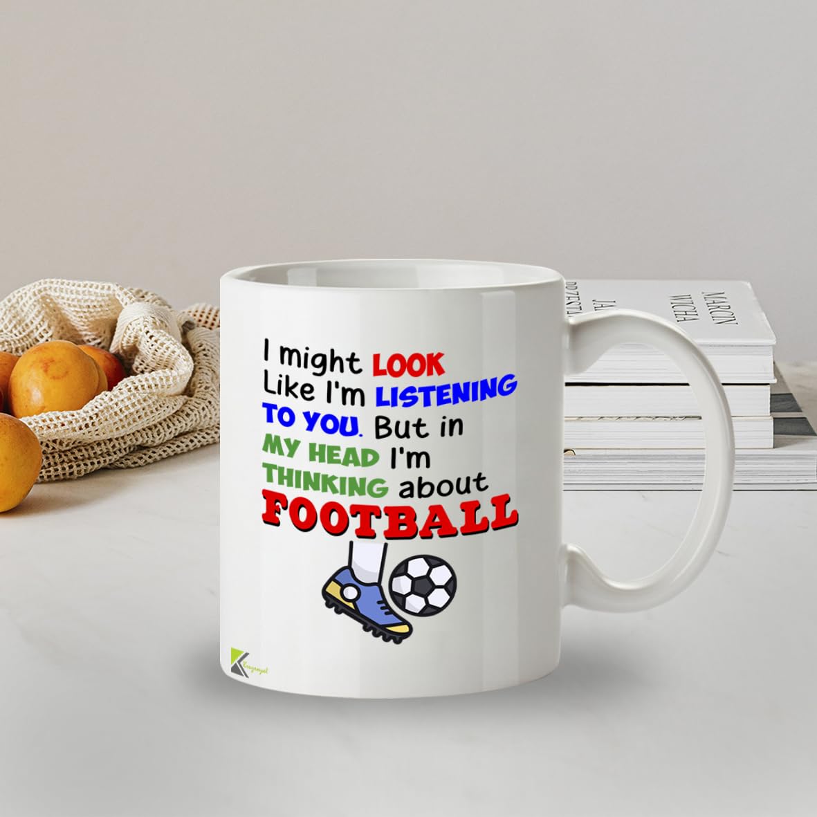 Kruzroyal Football Mug Funny Gift for Men - 11oz/325ml Thinking About Football Ceramic Coffee Cup for Dad Brother Husband - Novelty Fan Present