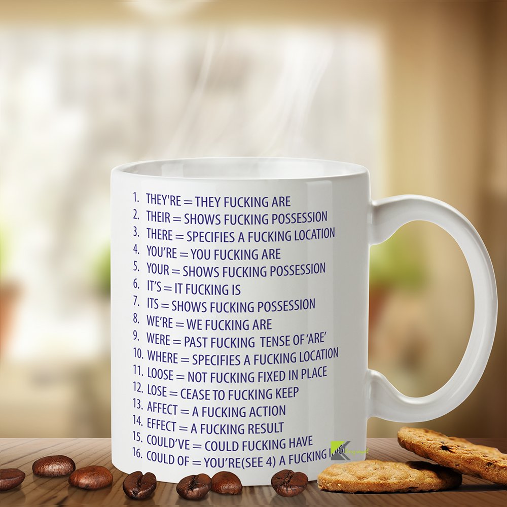 Kruzroyal Rude Grammar Mug, Funny Sweary English Rules Design, Novelty Gift for Teacher, Writer or Grammar Police, White Ceramic, 11 oz