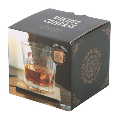 something different Glass Viking Lowball Glass, 300ml, Vegvisir Compass Design, Norse Mythology Theme, with Cork Coaster, Gift Set