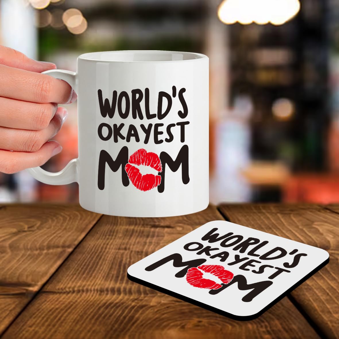 Kruzroyal SM070 World's Okayest Mom - Ceramic Tea Coffee 11OZ Mug & Matching Coaster Set for Mom Mum Aunty Grandma
