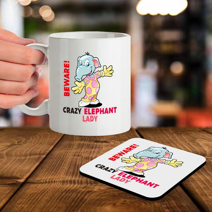 Kruzroyal SM039 Beware Crazy Elephant Lady - 11OZ Mug & Matching Coaster Set