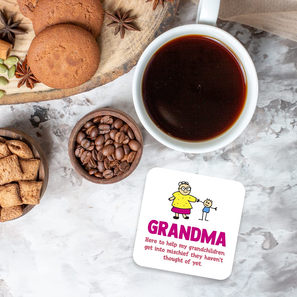 CS732 Grandma : here to Help My Grandchildren get into Mischief They haven't Thought of Yet Novelty Funny Coffee Tea Drink Gift Glossy MDF Wooden Coaster