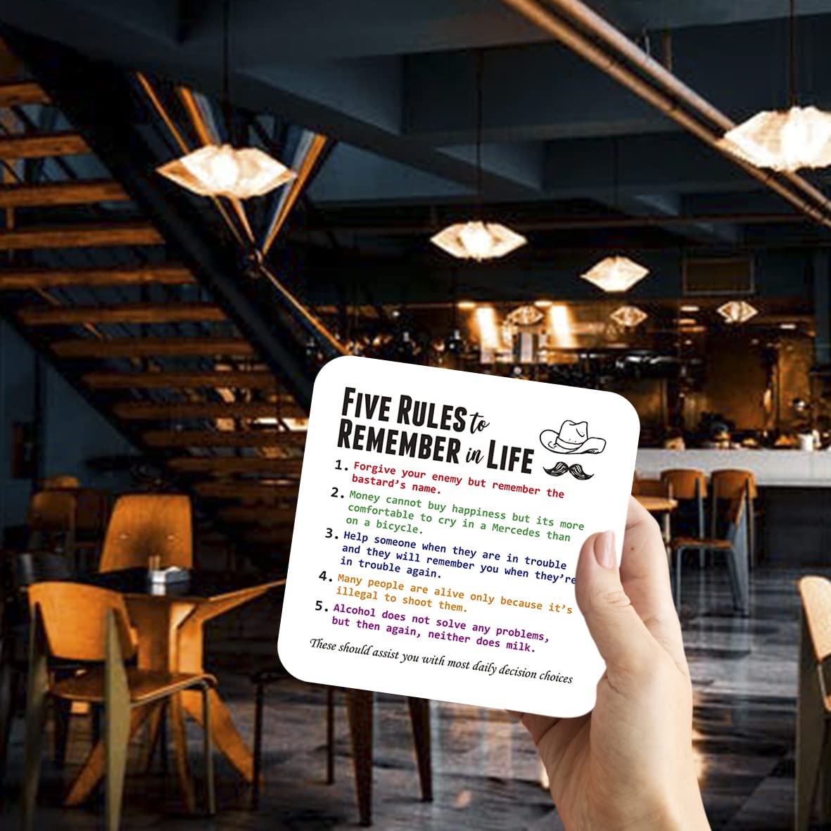 CS597 Five rules to remember in life Novelty Funny Coffee Tea Drink Gift Glossy MDF Wooden Coaster | Gifts for Dad, Him, Colleague – Sarcastic Wooden Drink Mat – Birthday, Fathers Day & Gag Gift