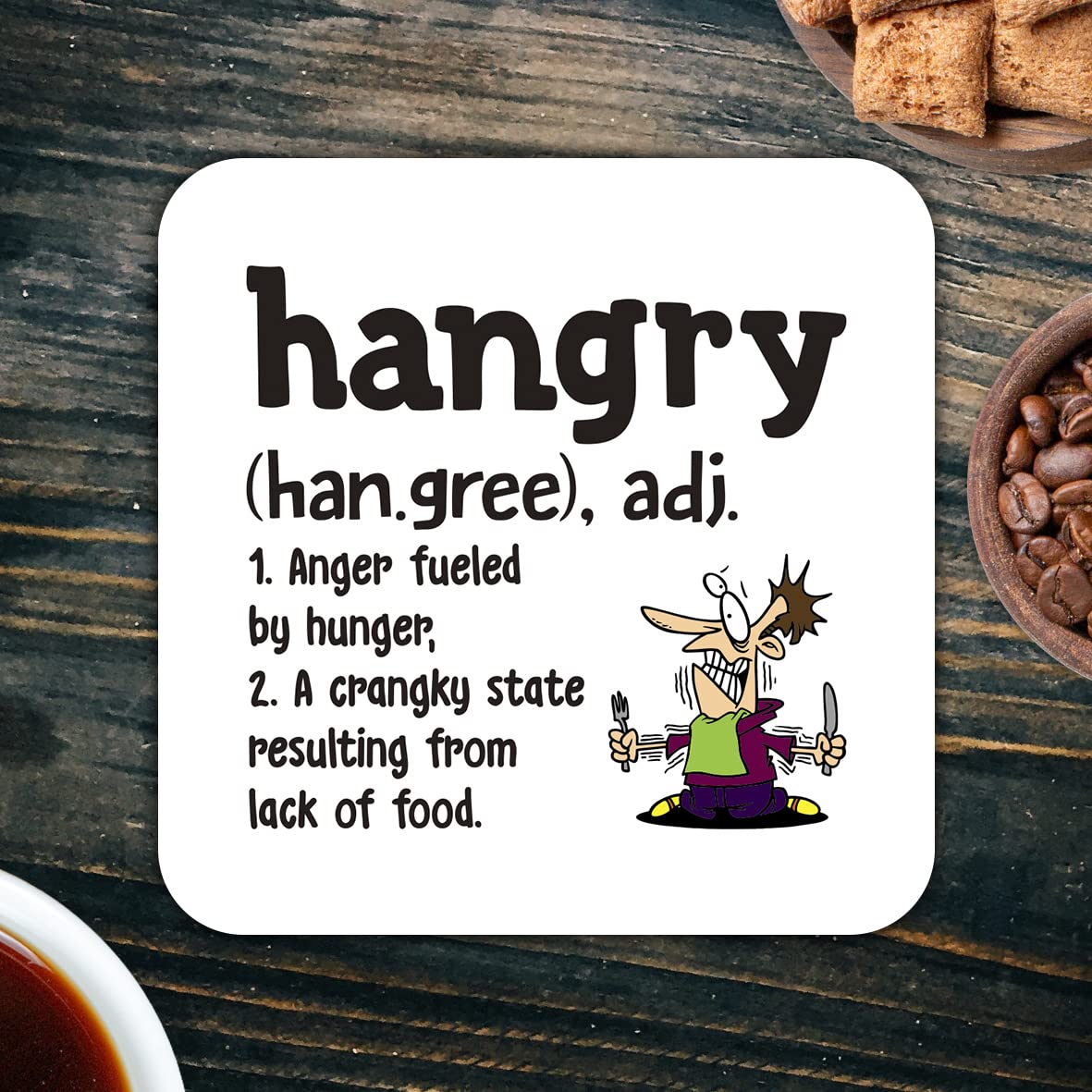 CS447 Defination Hangry Novelty Funny Coffee Tea Drink Gift Glossy MDF Wooden Coaster | Gifts for Men, Women, Friend, Foodie